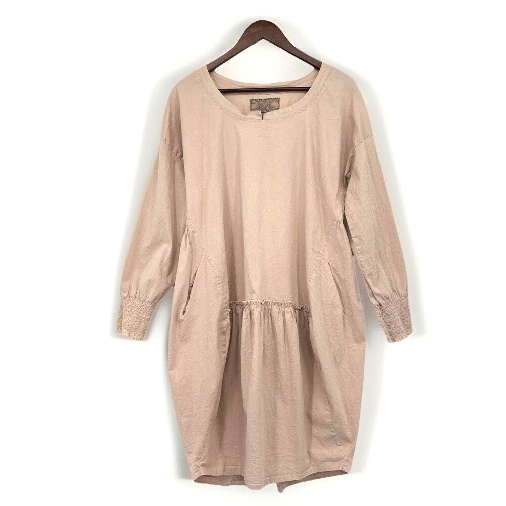 LES OURS Cottage Lagenlook Tunic Dress Boho Size Small Dusty Nude Pink